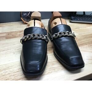 Nine West Loafers Womens 7 Black Leather Chain Slip-On Square Toe Flat Shoes